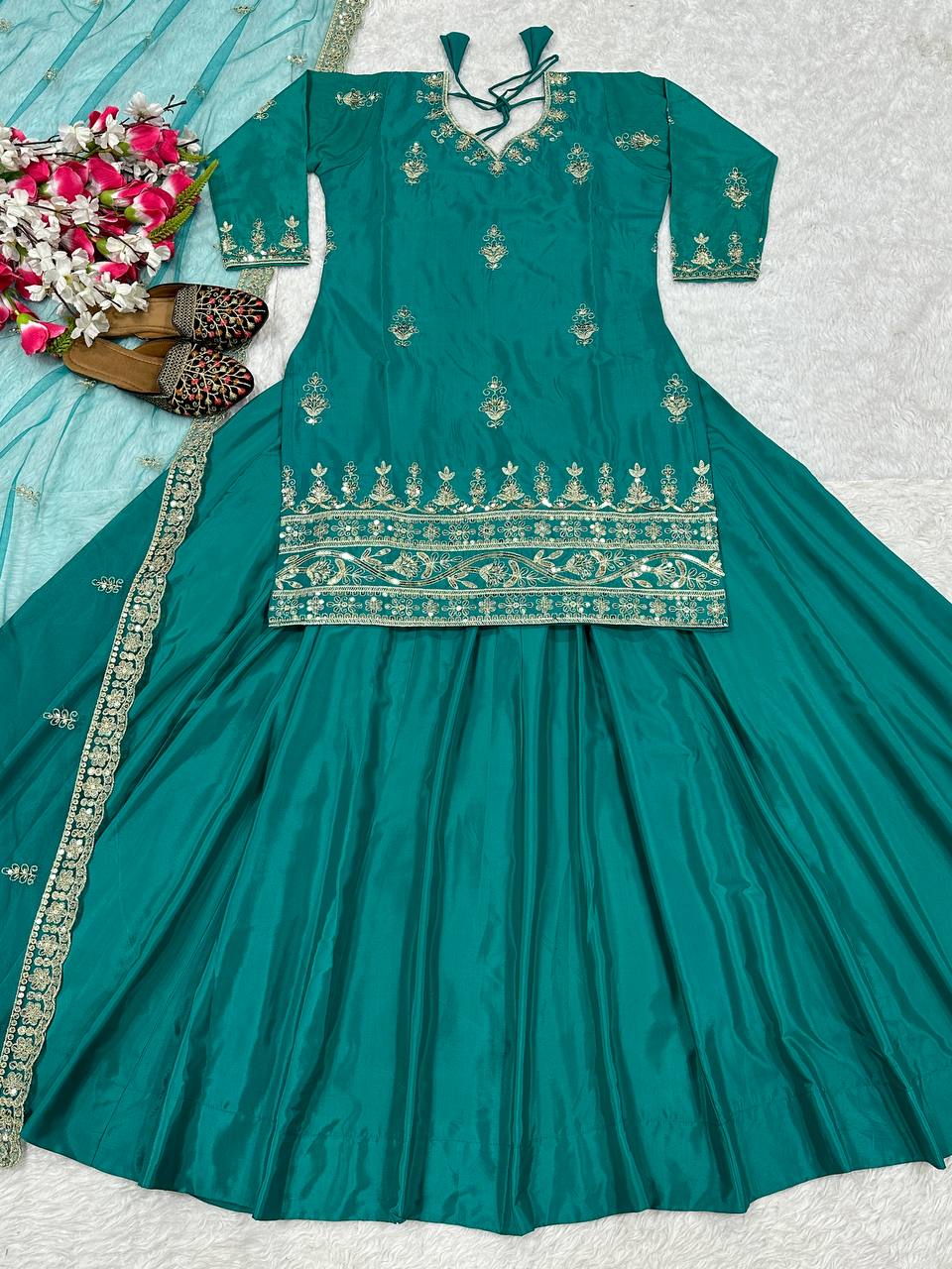 Natural Crepe Embroidered Lehenga Set with Net Dupatta