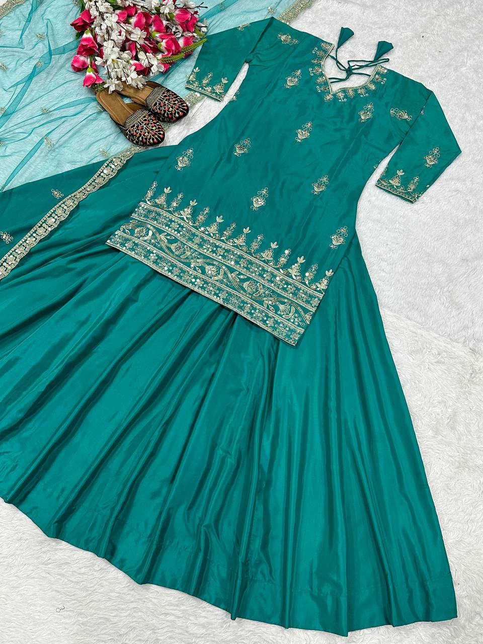Natural Crepe Embroidered Lehenga Set with Net Dupatta