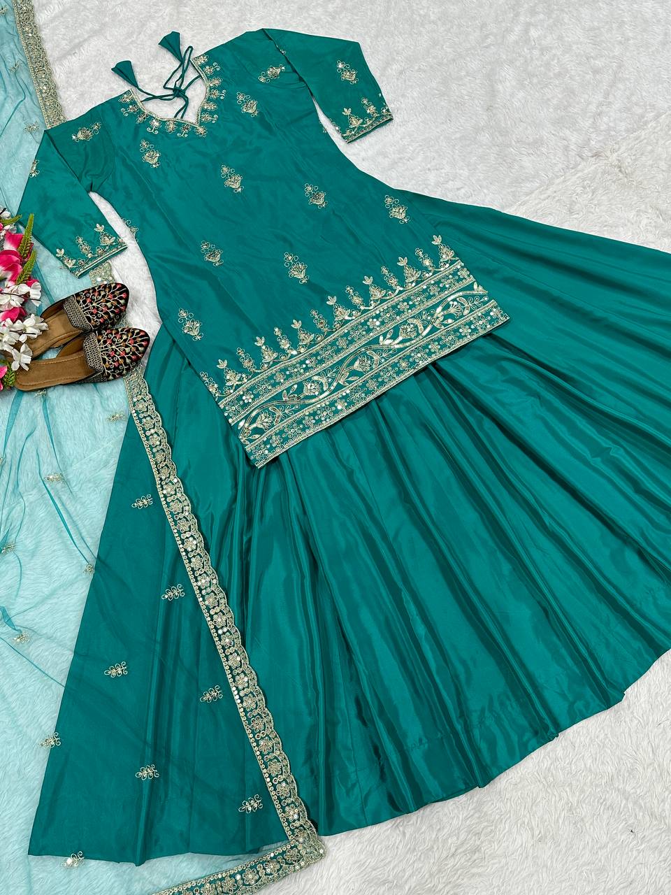 Natural Crepe Embroidered Lehenga Set with Net Dupatta