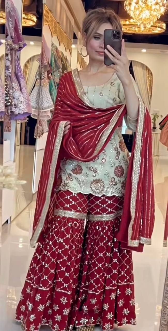Designer Chinon Sharara Palazzo Set with Fancy Dupatta