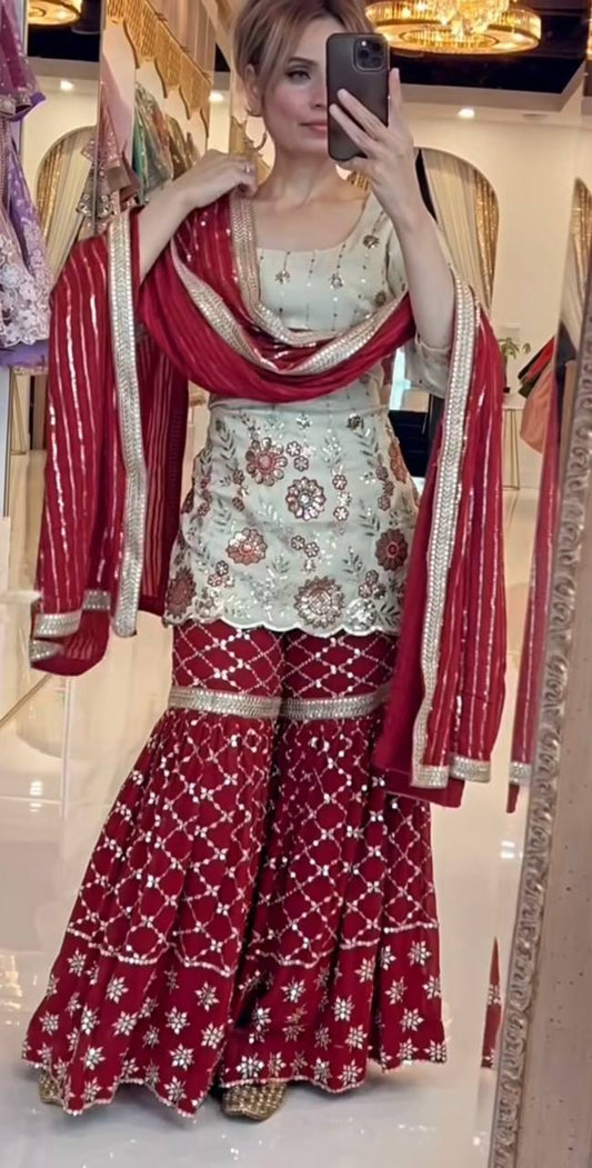 Designer Chinon Sharara Palazzo Set with Fancy Dupatta