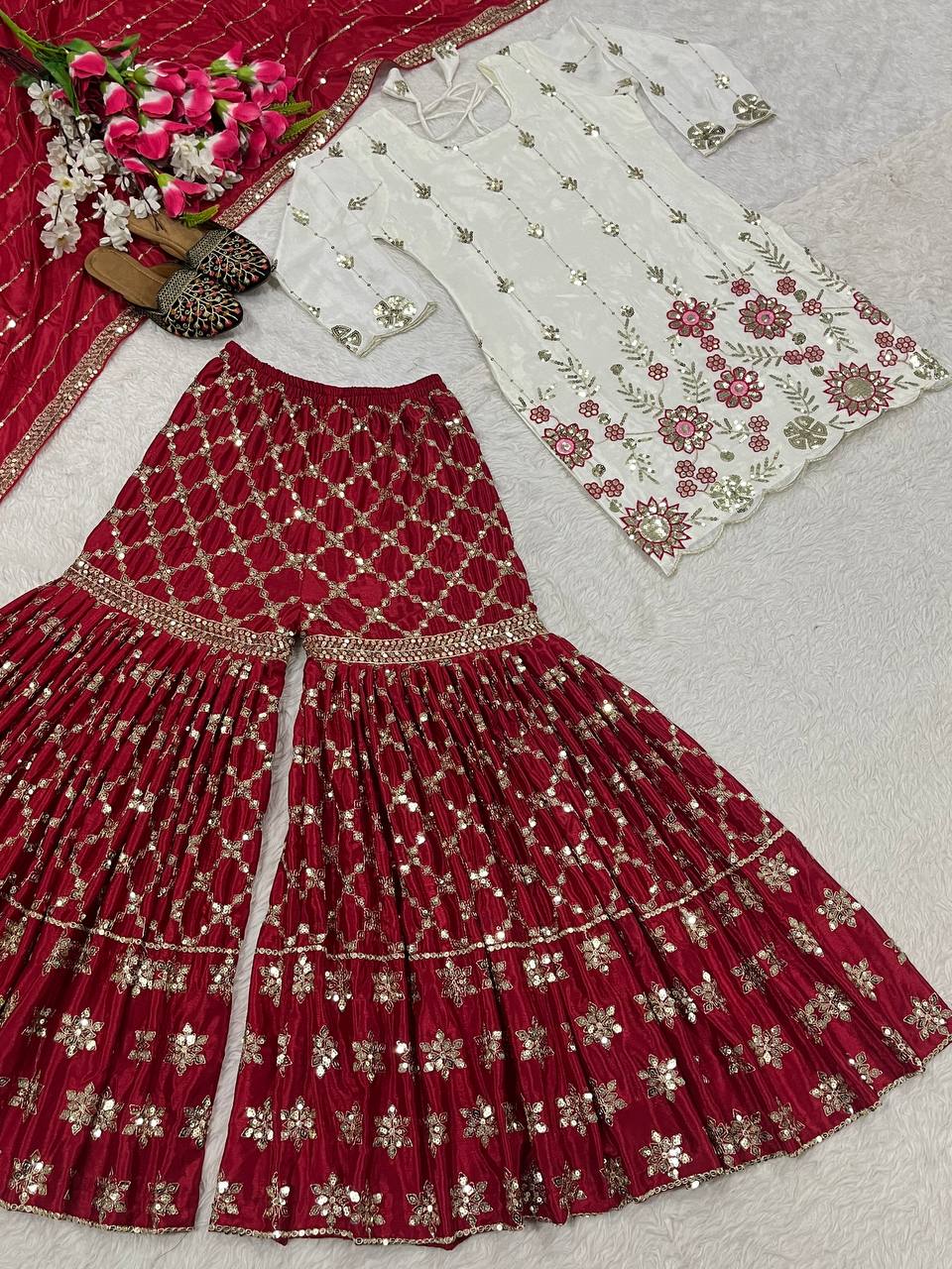 Designer Chinon Sharara Palazzo Set with Fancy Dupatta