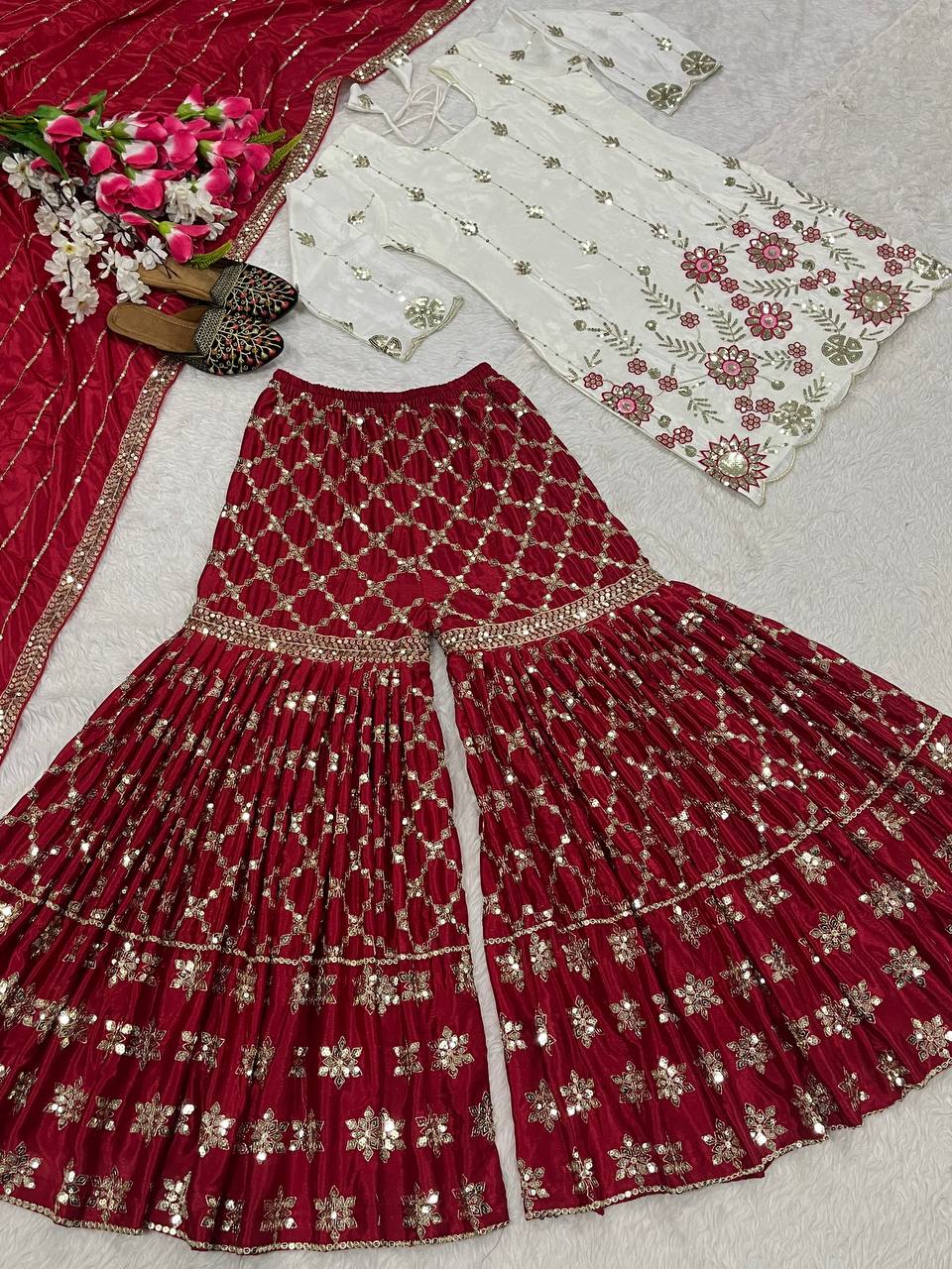 Designer Chinon Sharara Palazzo Set with Fancy Dupatta