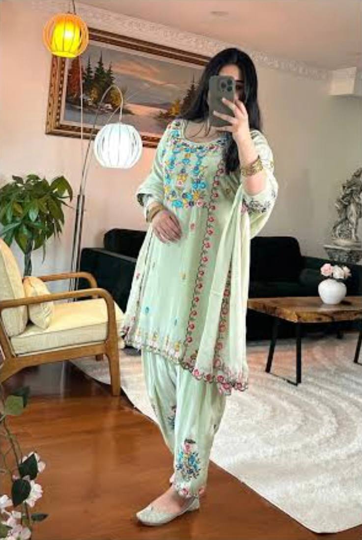 Stylish Embroidered Chinon Dhoti Salwar Set with Dupatta