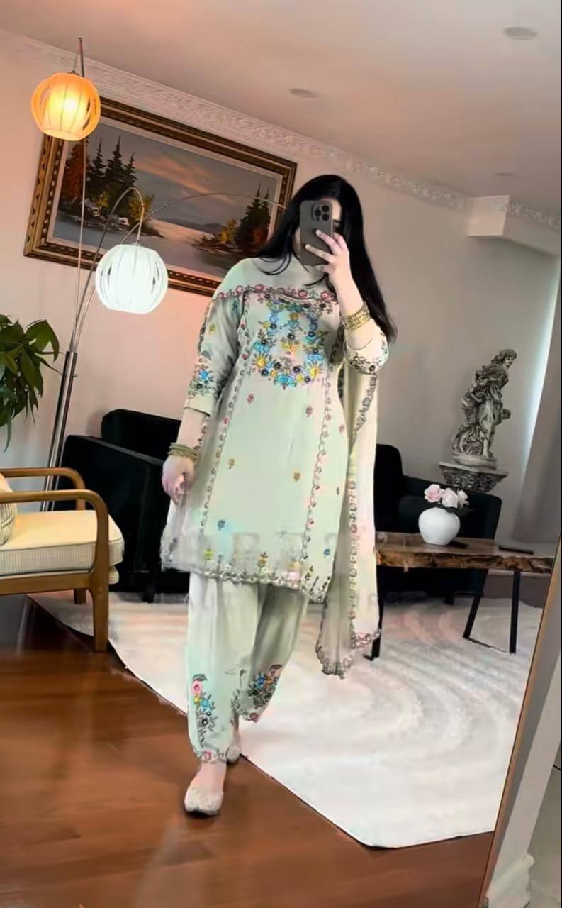 Stylish Embroidered Chinon Dhoti Salwar Set with Dupatta