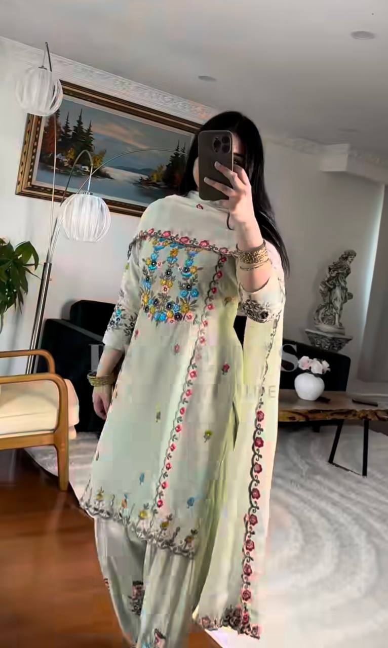 Stylish Embroidered Chinon Dhoti Salwar Set with Dupatta