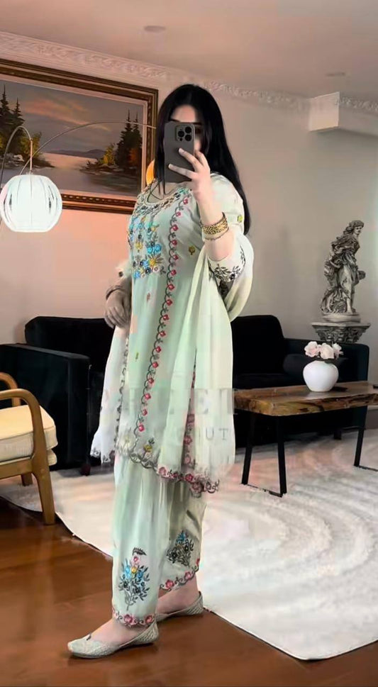 Stylish Embroidered Chinon Dhoti Salwar Set with Dupatta