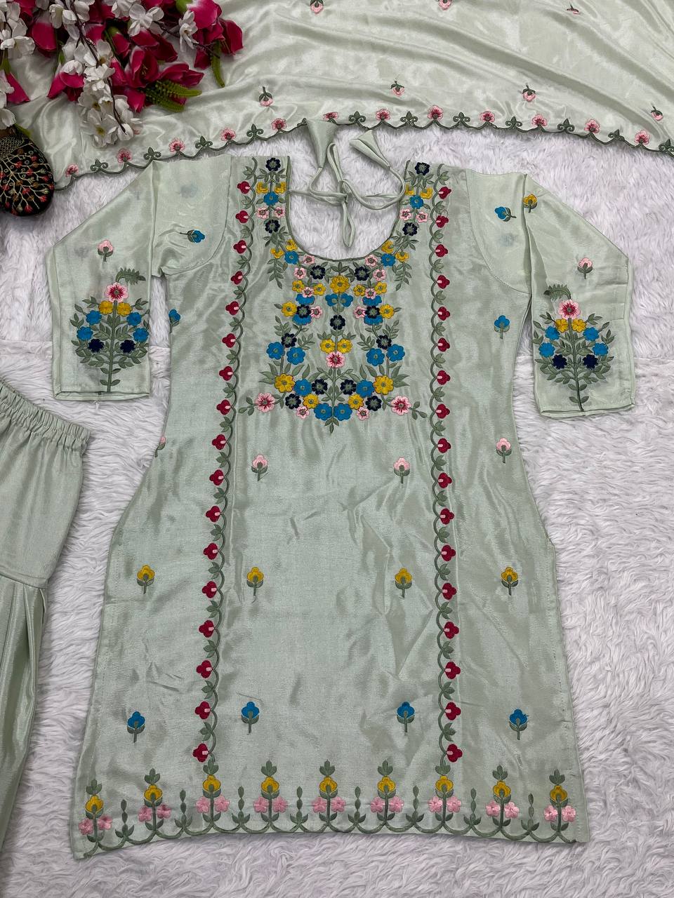 Stylish Embroidered Chinon Dhoti Salwar Set with Dupatta