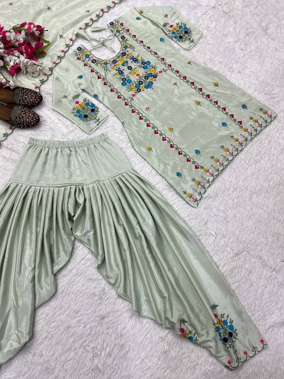 Stylish Embroidered Chinon Dhoti Salwar Set with Dupatta