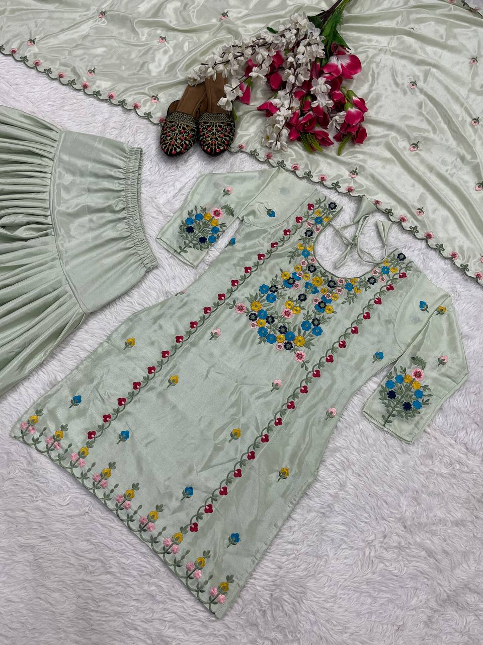 Stylish Embroidered Chinon Dhoti Salwar Set with Dupatta
