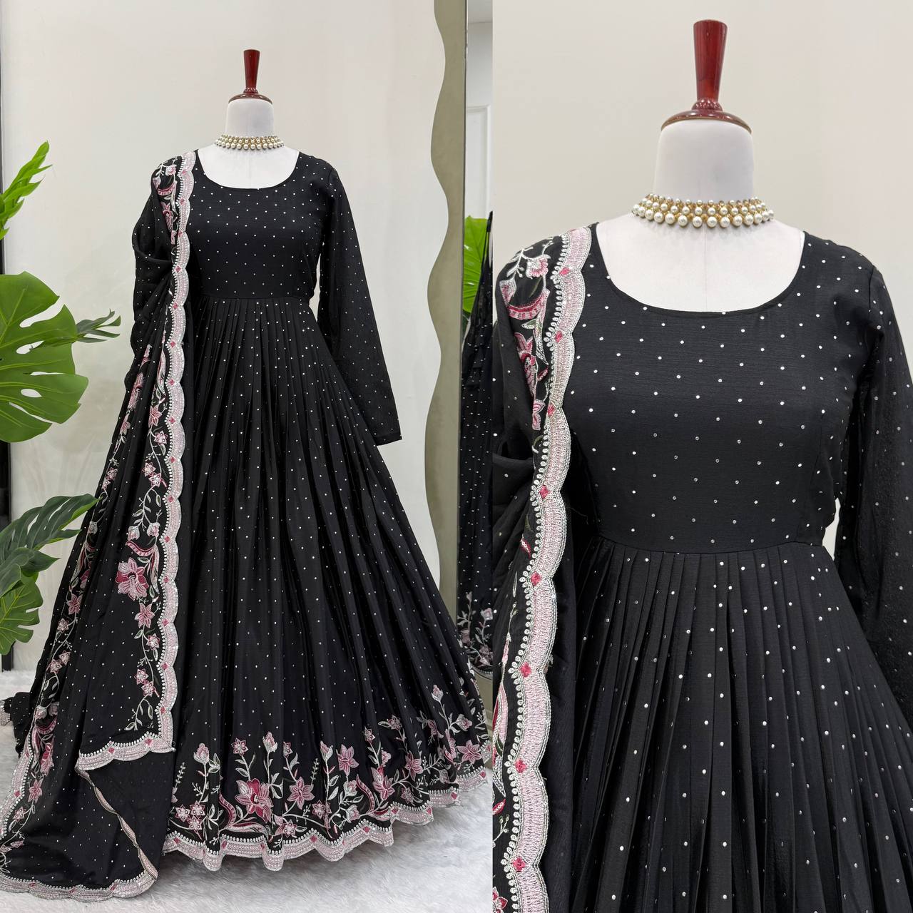 Glamorous Chinon Silk Suit Set with Mukesh & Sequin Detailing