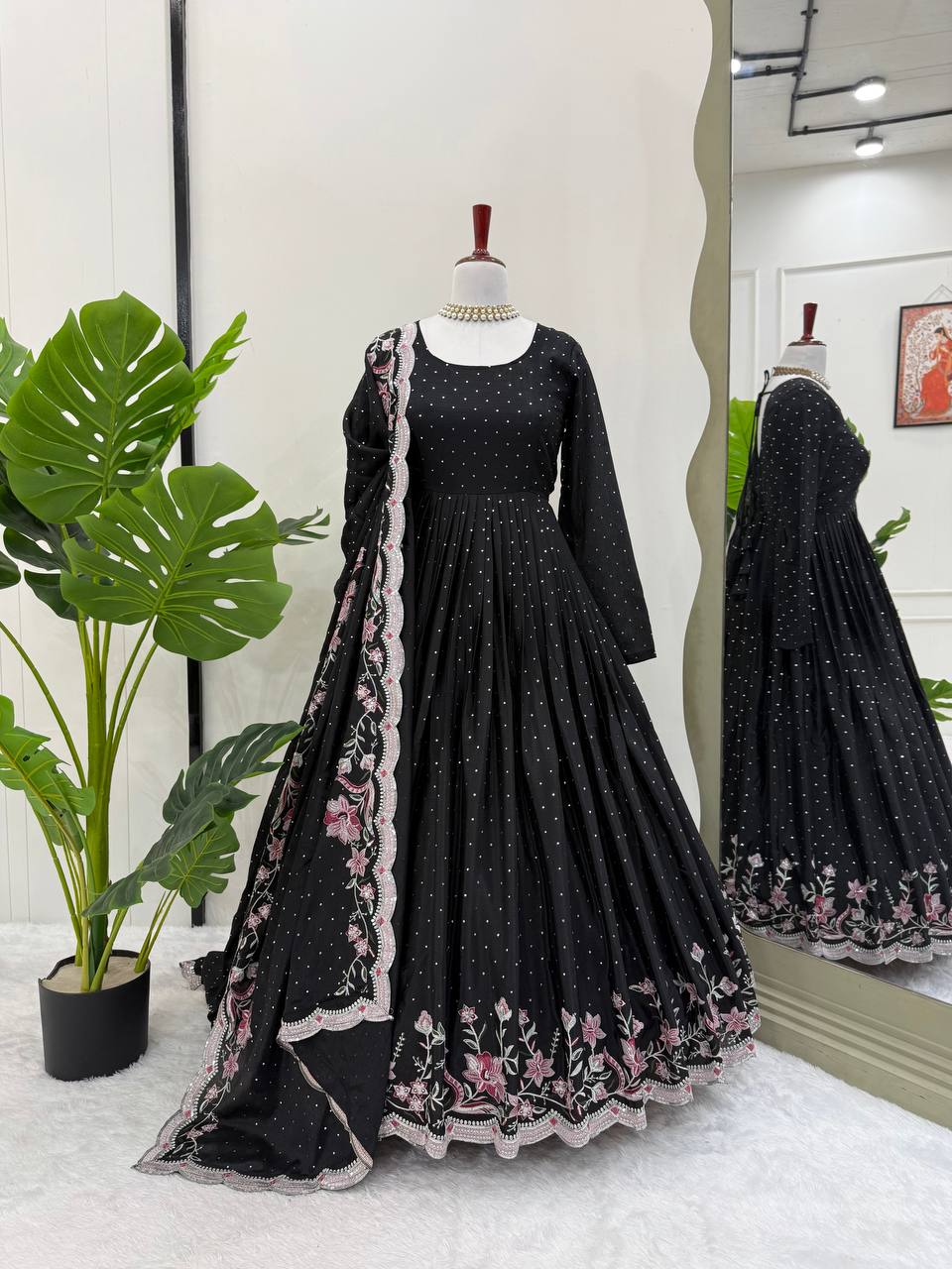 Glamorous Chinon Silk Suit Set with Mukesh & Sequin Detailing