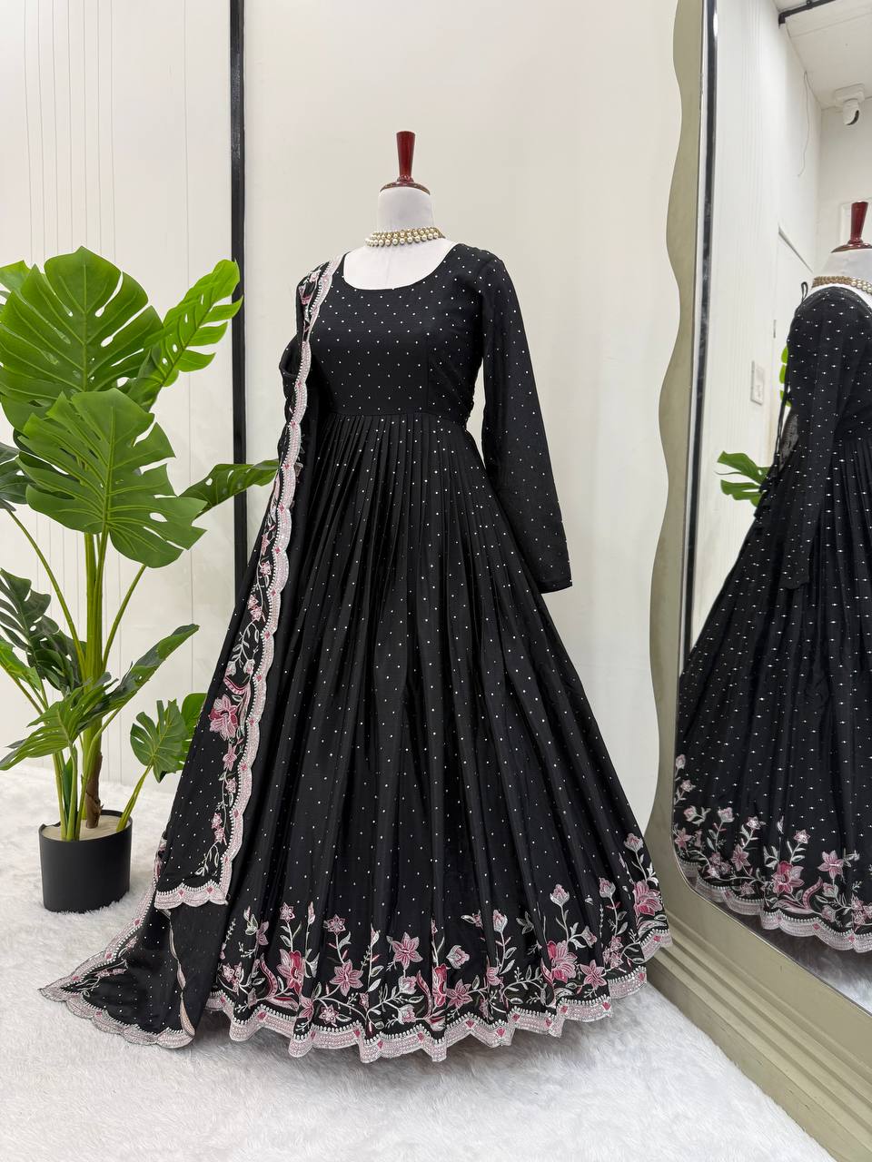 Glamorous Chinon Silk Suit Set with Mukesh & Sequin Detailing
