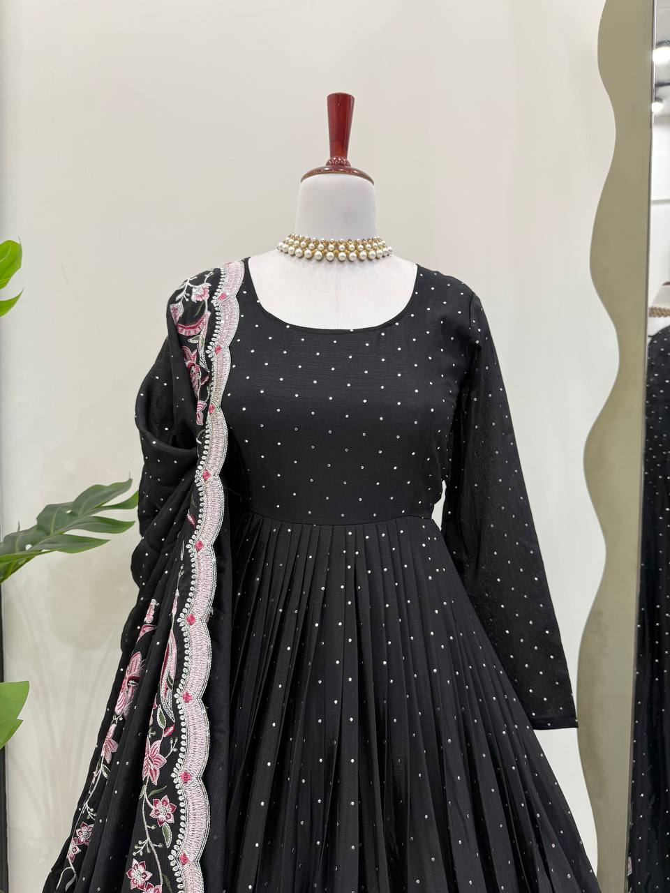 Glamorous Chinon Silk Suit Set with Mukesh & Sequin Detailing