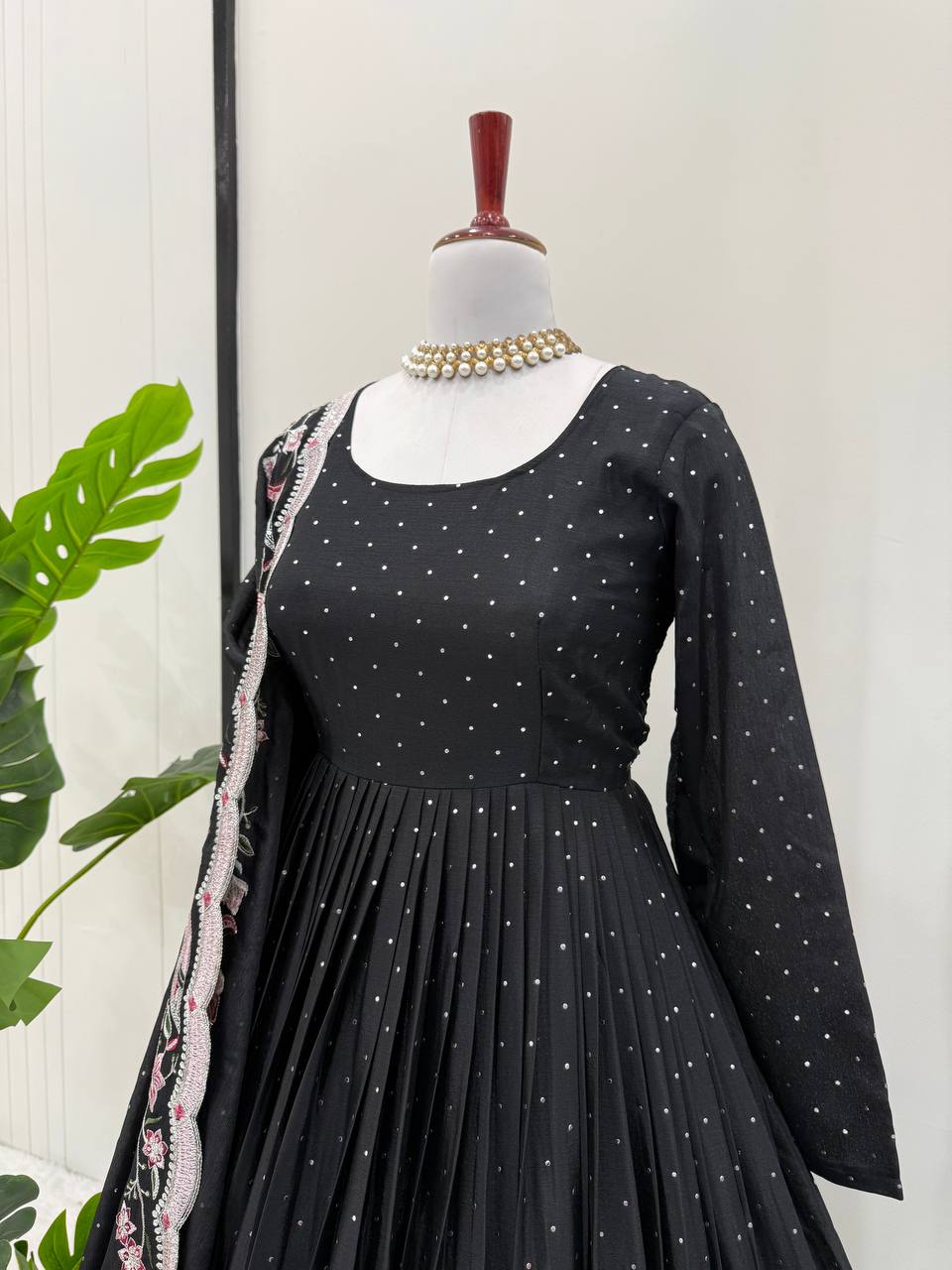 Glamorous Chinon Silk Suit Set with Mukesh & Sequin Detailing