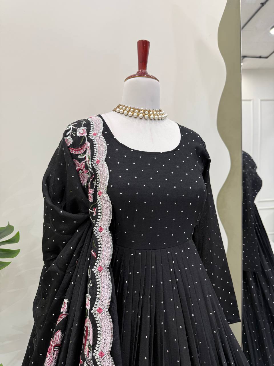 Glamorous Chinon Silk Suit Set with Mukesh & Sequin Detailing