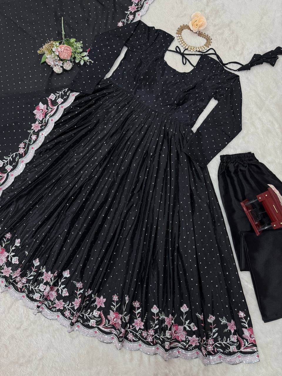 Glamorous Chinon Silk Suit Set with Mukesh & Sequin Detailing