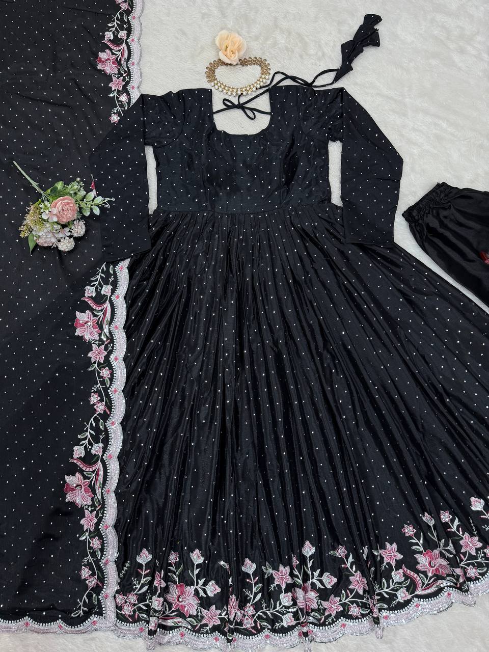 Glamorous Chinon Silk Suit Set with Mukesh & Sequin Detailing