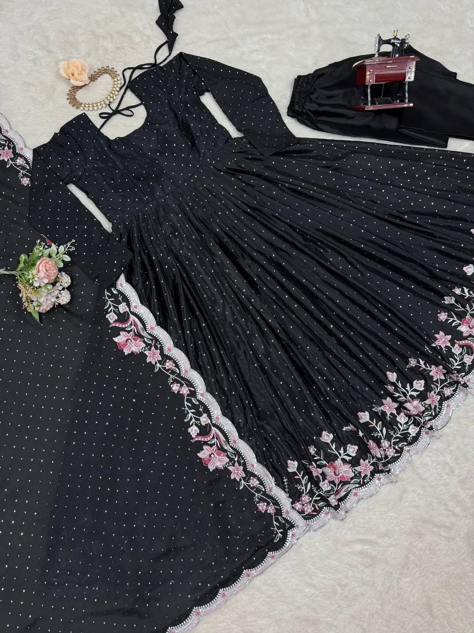 Glamorous Chinon Silk Suit Set with Mukesh & Sequin Detailing