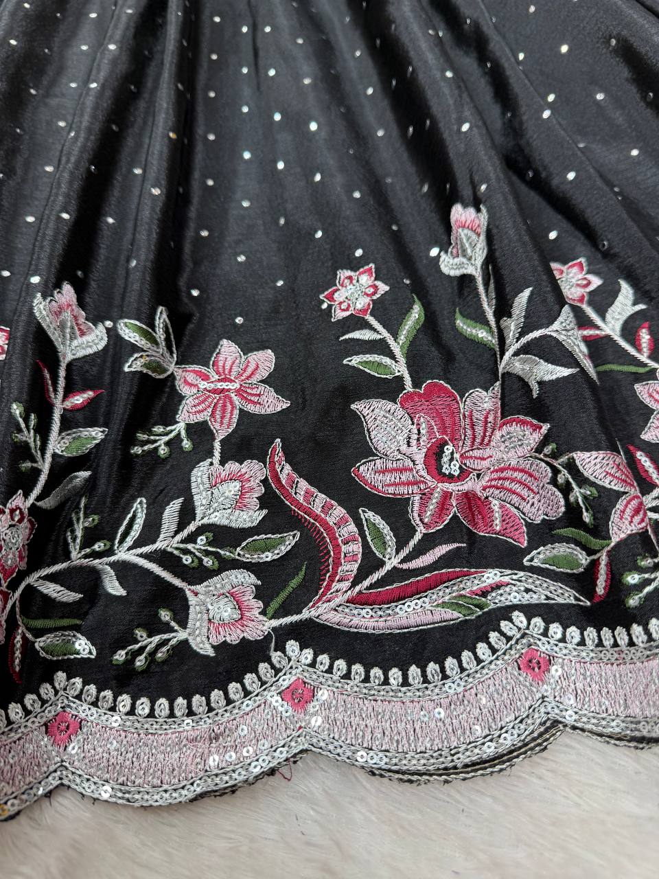 Glamorous Chinon Silk Suit Set with Mukesh & Sequin Detailing