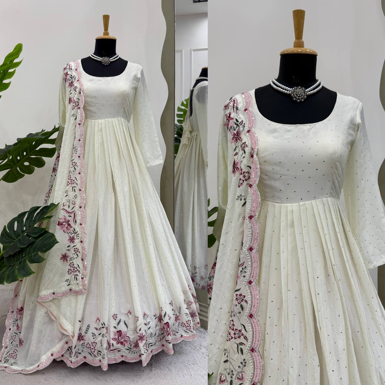 Glamorous Chinon Silk Suit Set with Mukesh & Sequin Detailing