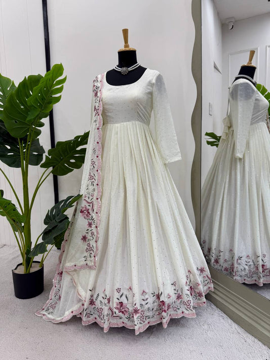 Glamorous Chinon Silk Suit Set with Mukesh & Sequin Detailing