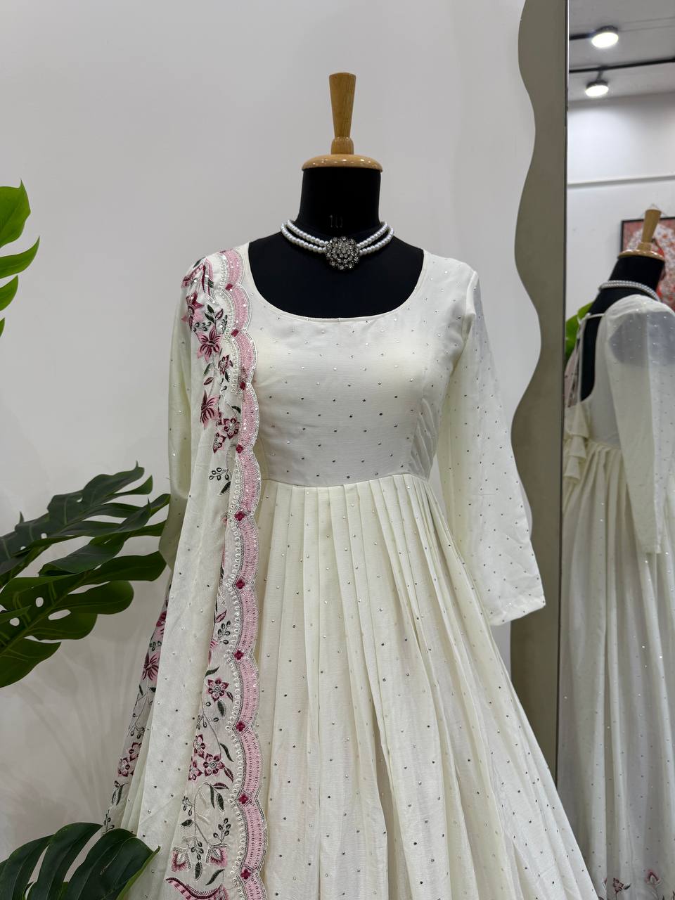 Glamorous Chinon Silk Suit Set with Mukesh & Sequin Detailing