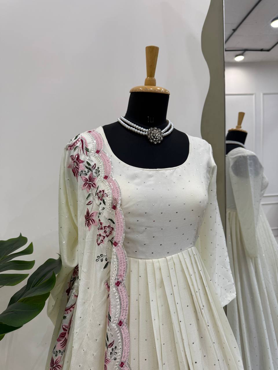 Glamorous Chinon Silk Suit Set with Mukesh & Sequin Detailing