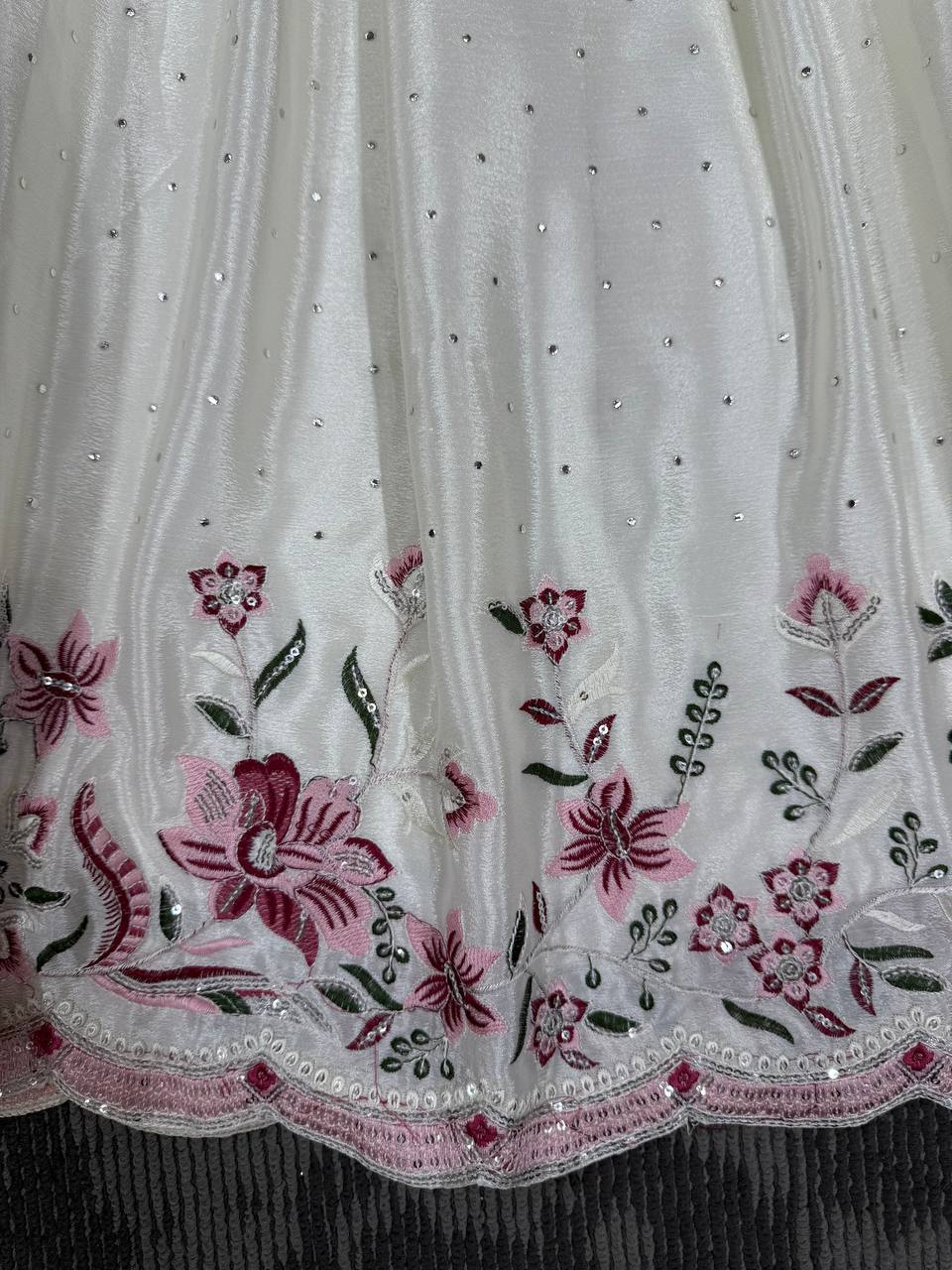 Glamorous Chinon Silk Suit Set with Mukesh & Sequin Detailing