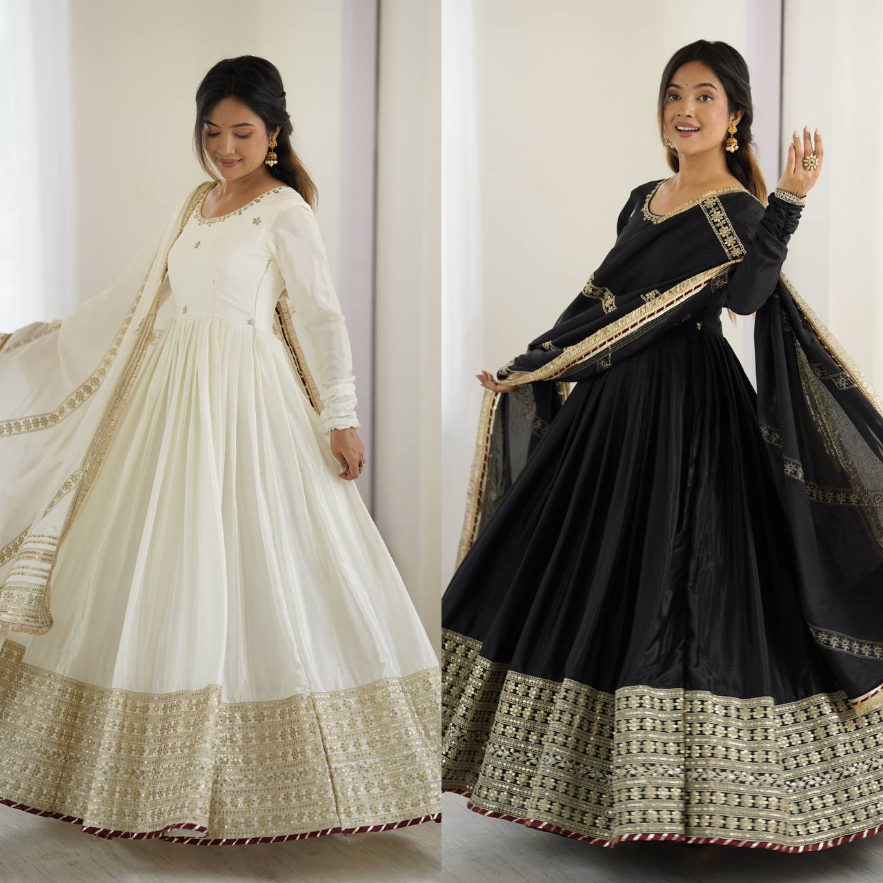 Elegant Party Wear Gown Set in Chinon Silk with Dupatta