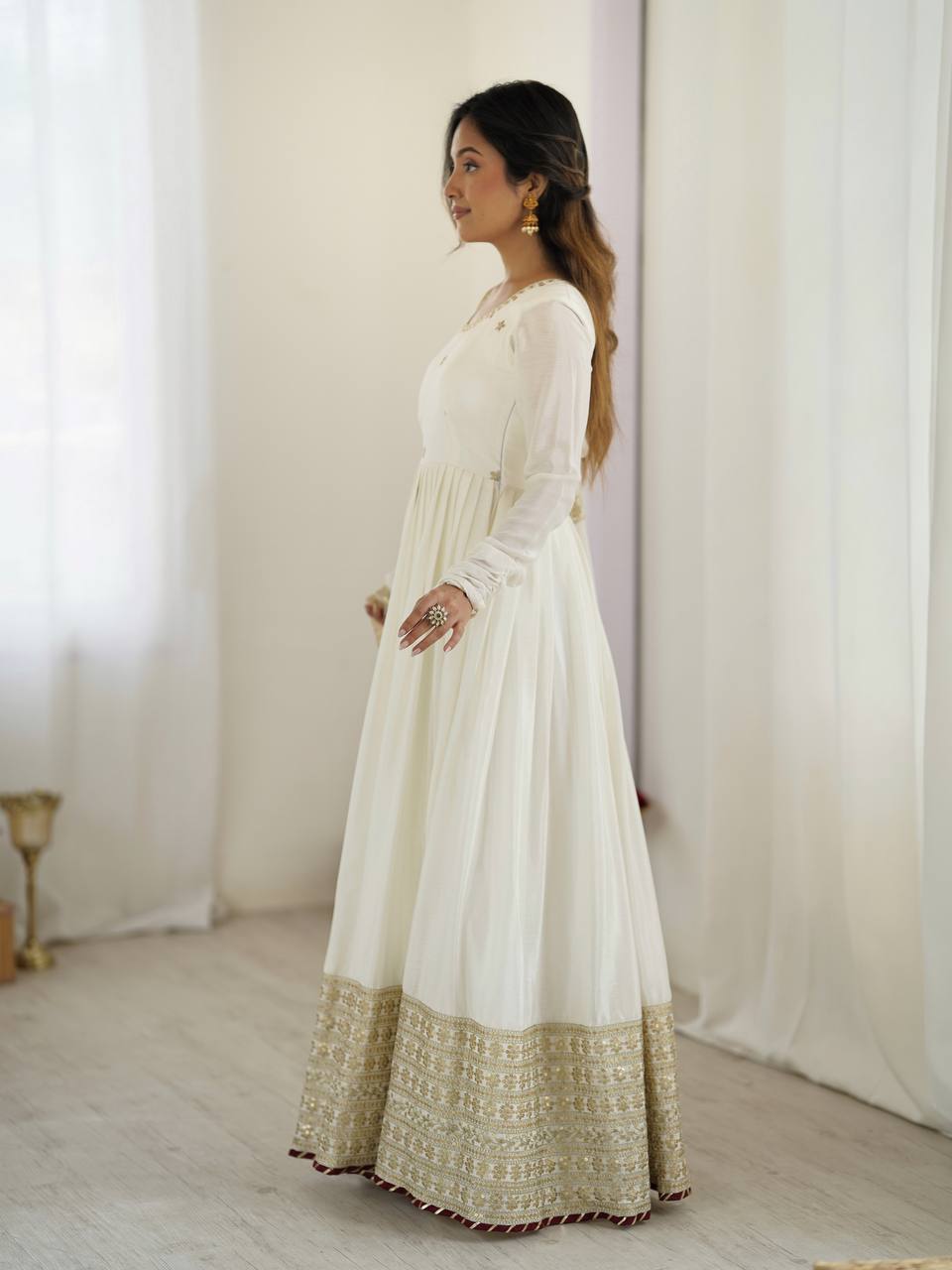 Elegant Party Wear Gown Set in Chinon Silk with Dupatta
