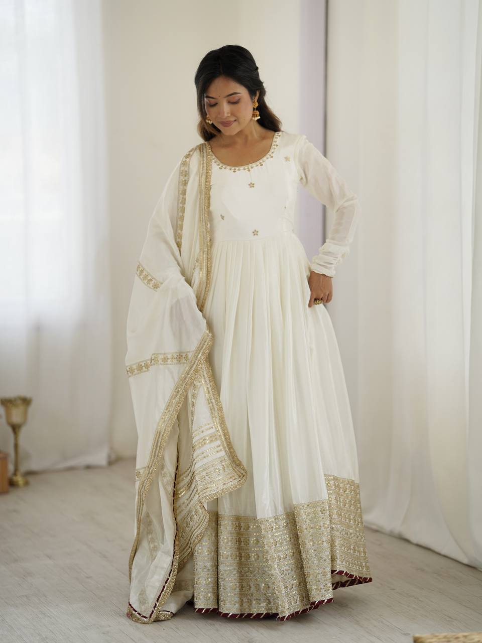 Elegant Party Wear Gown Set in Chinon Silk with Dupatta
