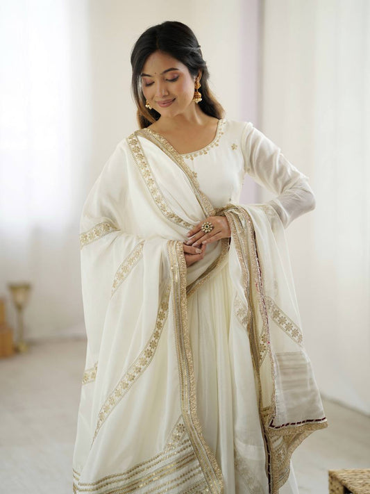 Elegant Party Wear Gown Set in Chinon Silk with Dupatta