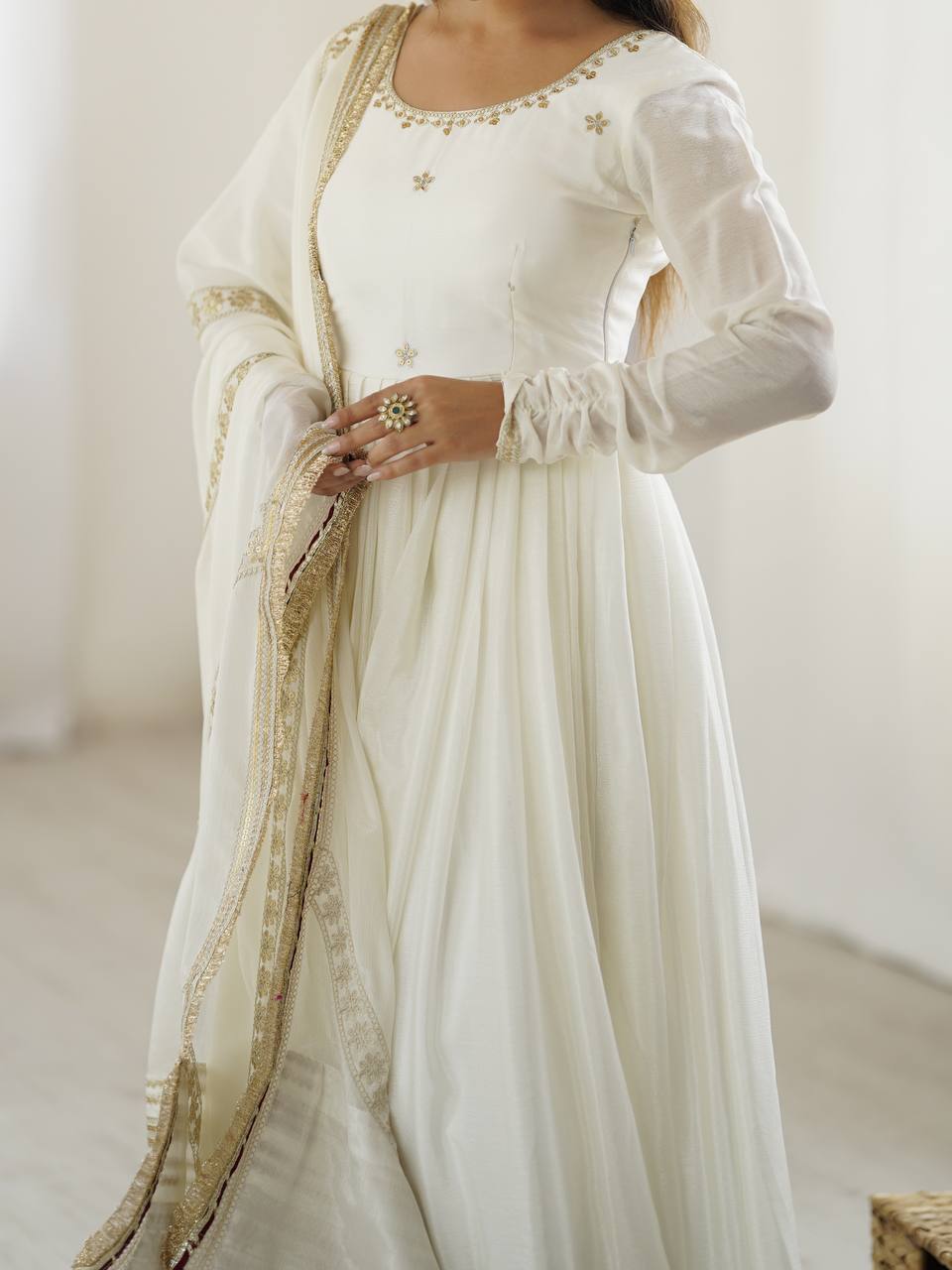 Elegant Party Wear Gown Set in Chinon Silk with Dupatta
