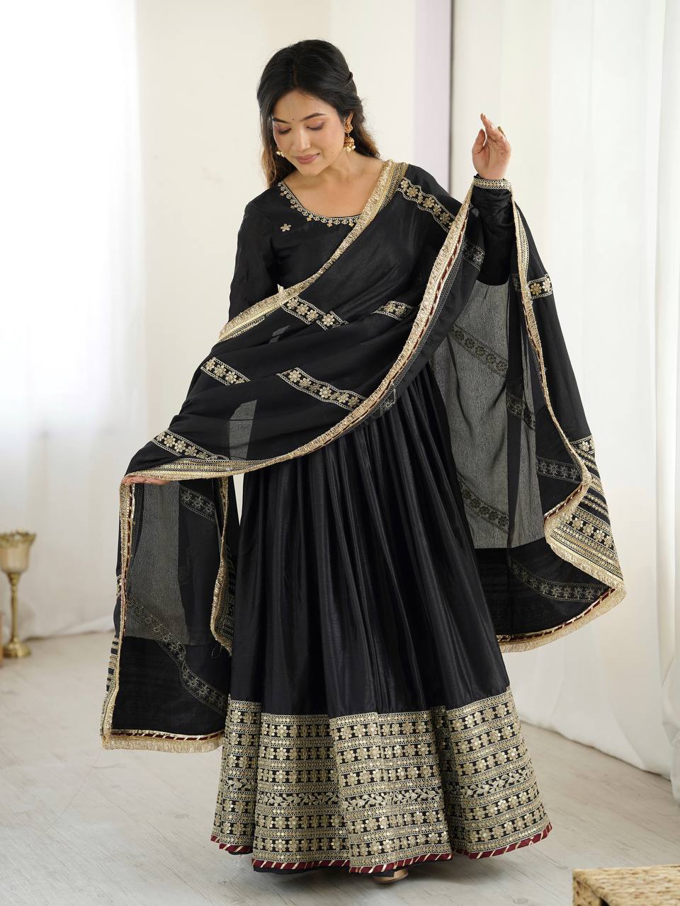 Elegant Party Wear Gown Set in Chinon Silk with Dupatta