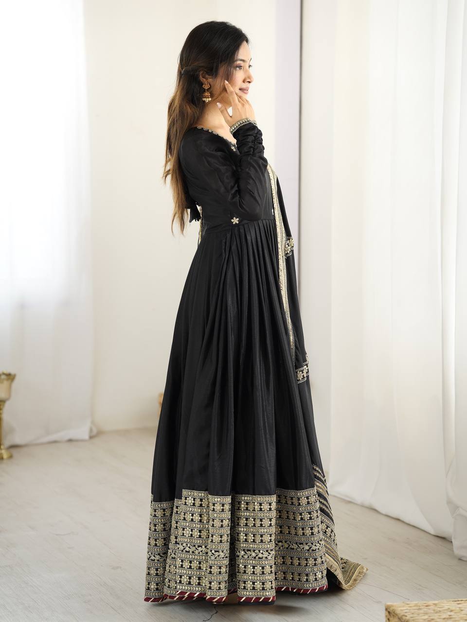 Elegant Party Wear Gown Set in Chinon Silk with Dupatta