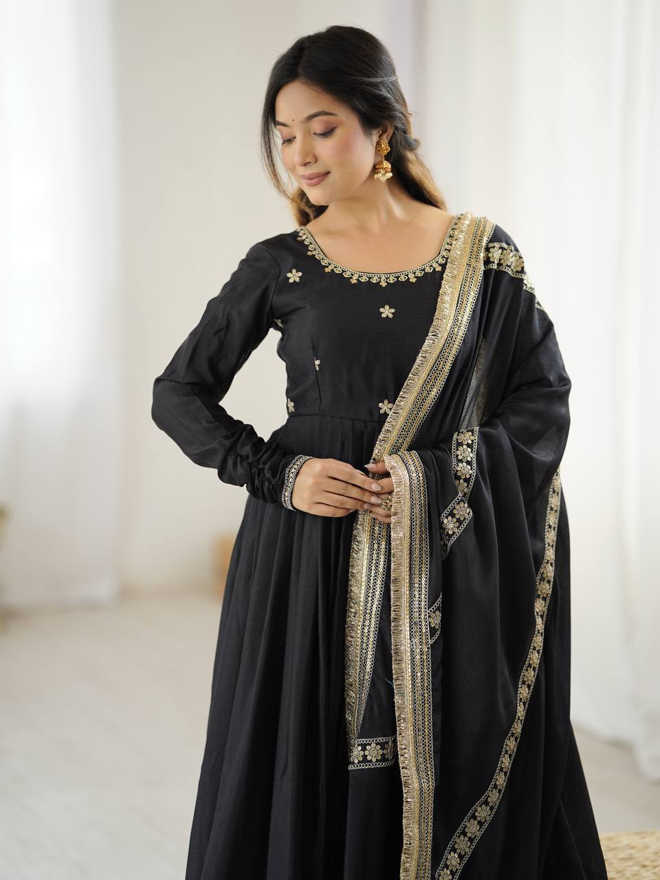 Elegant Party Wear Gown Set in Chinon Silk with Dupatta