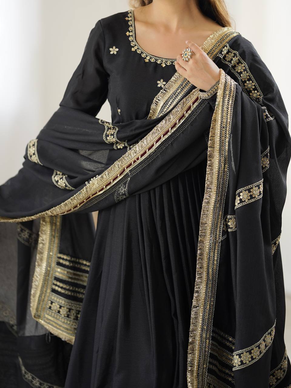 Elegant Party Wear Gown Set in Chinon Silk with Dupatta