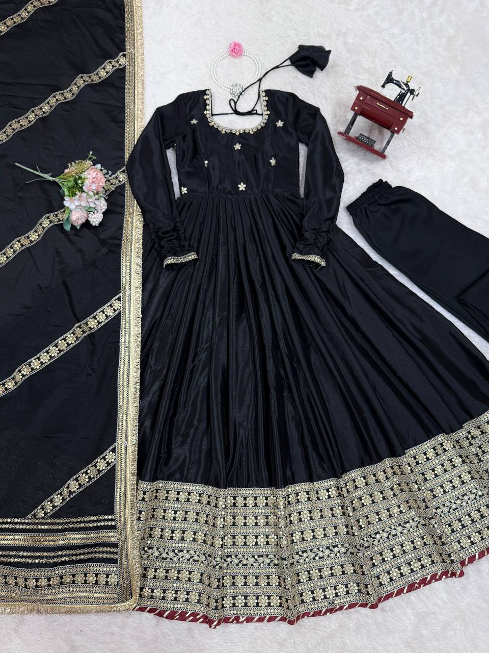 Elegant Party Wear Gown Set in Chinon Silk with Dupatta