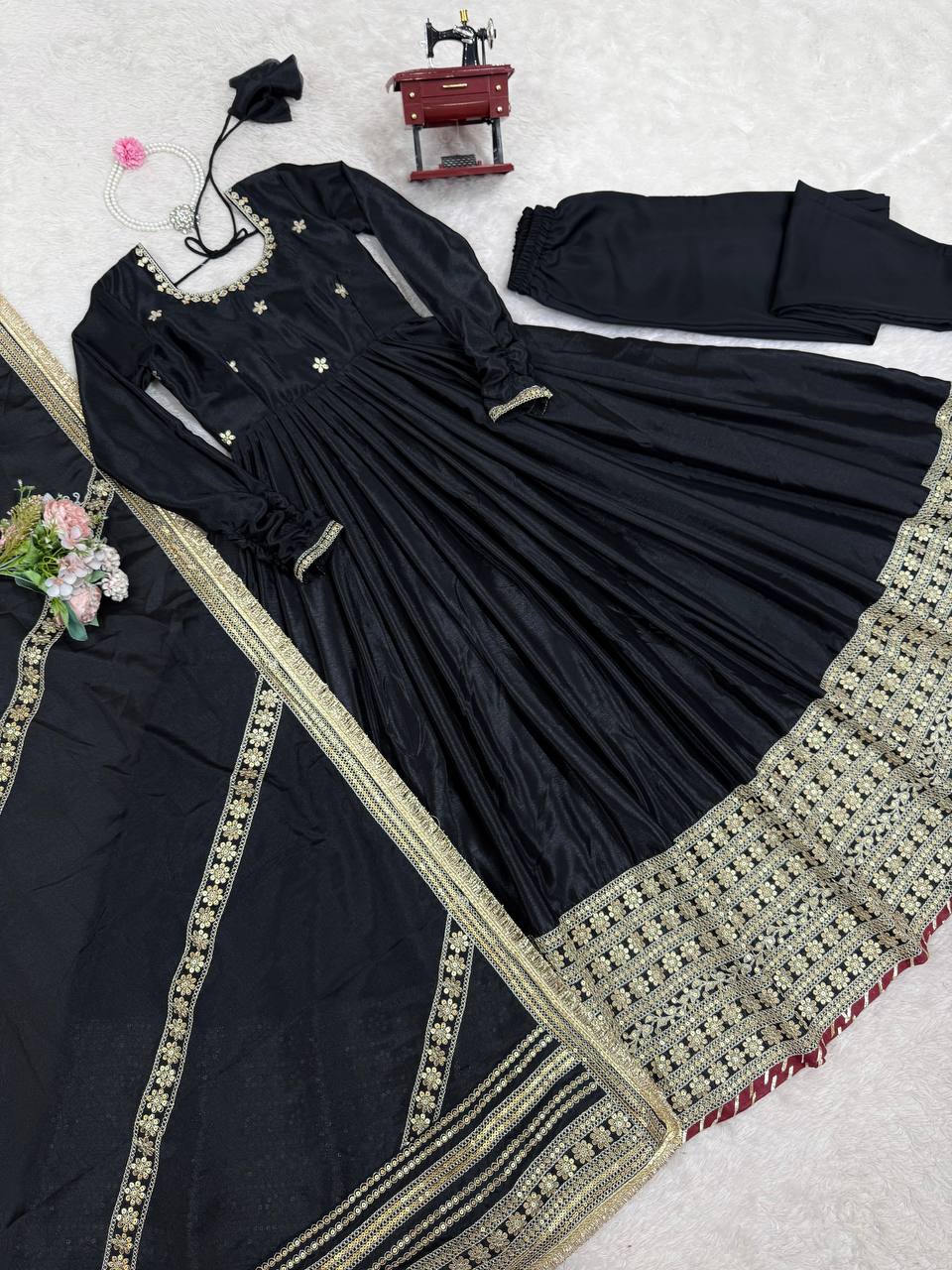 Elegant Party Wear Gown Set in Chinon Silk with Dupatta