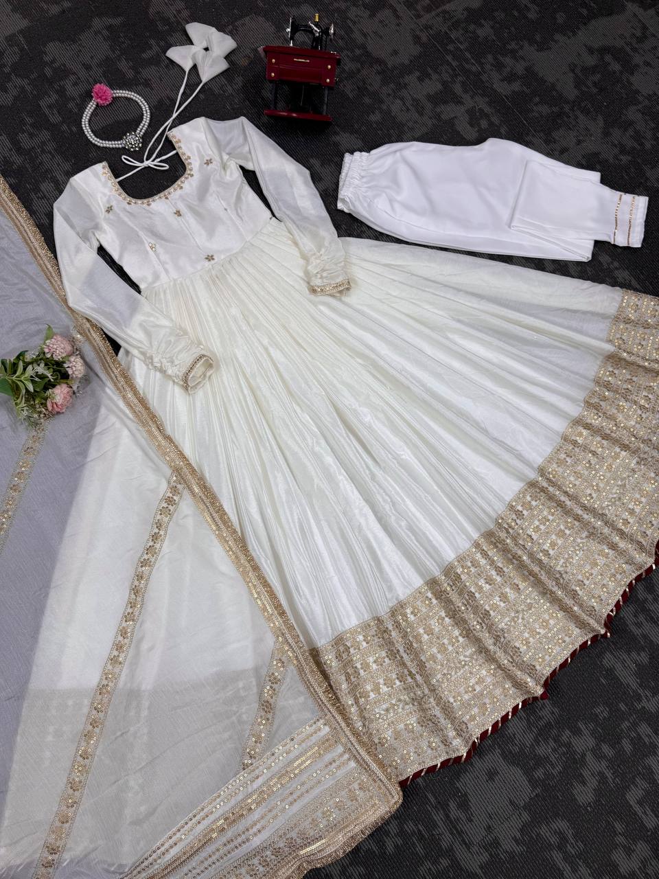 Elegant Party Wear Gown Set in Chinon Silk with Dupatta