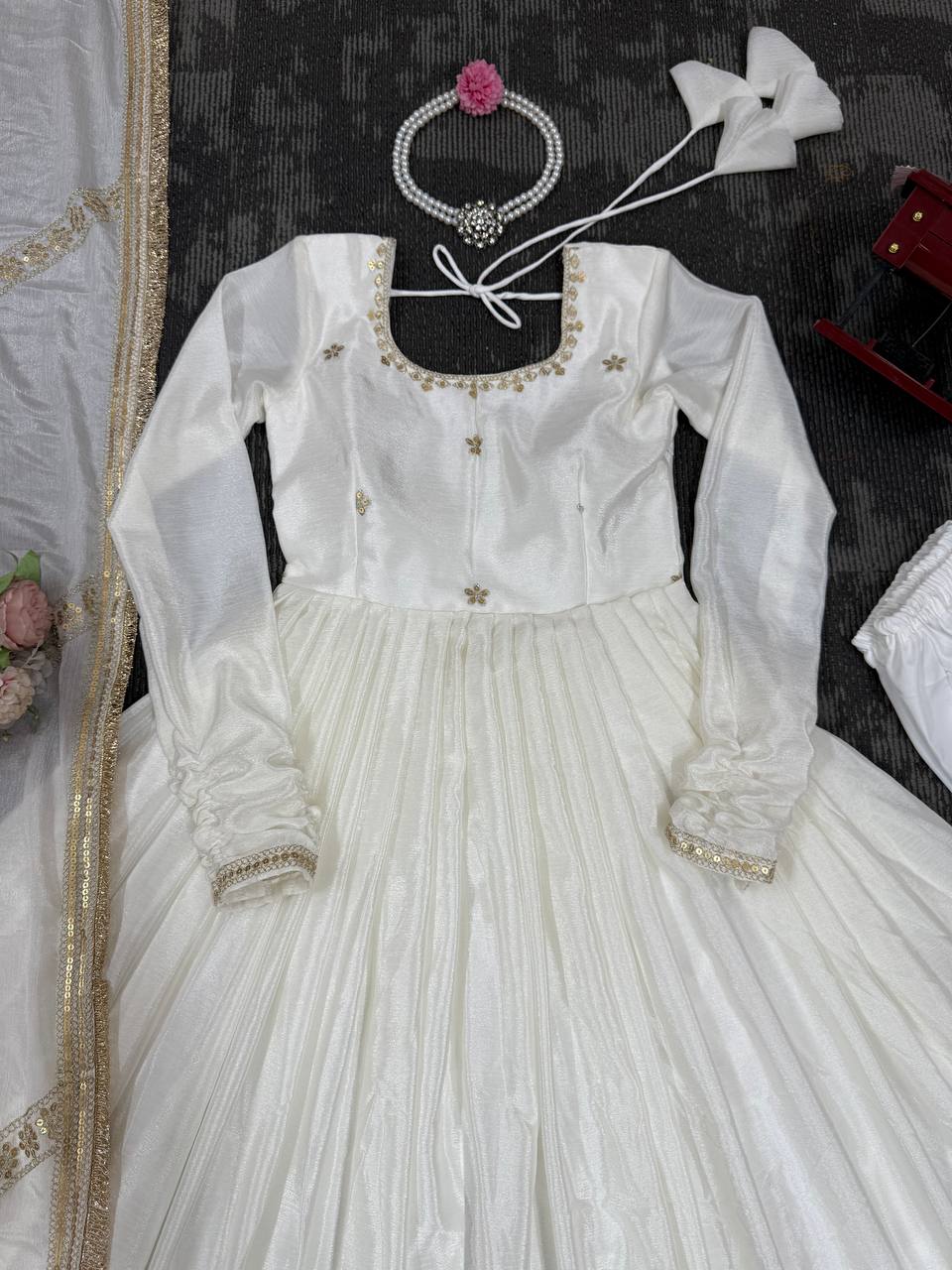Elegant Party Wear Gown Set in Chinon Silk with Dupatta