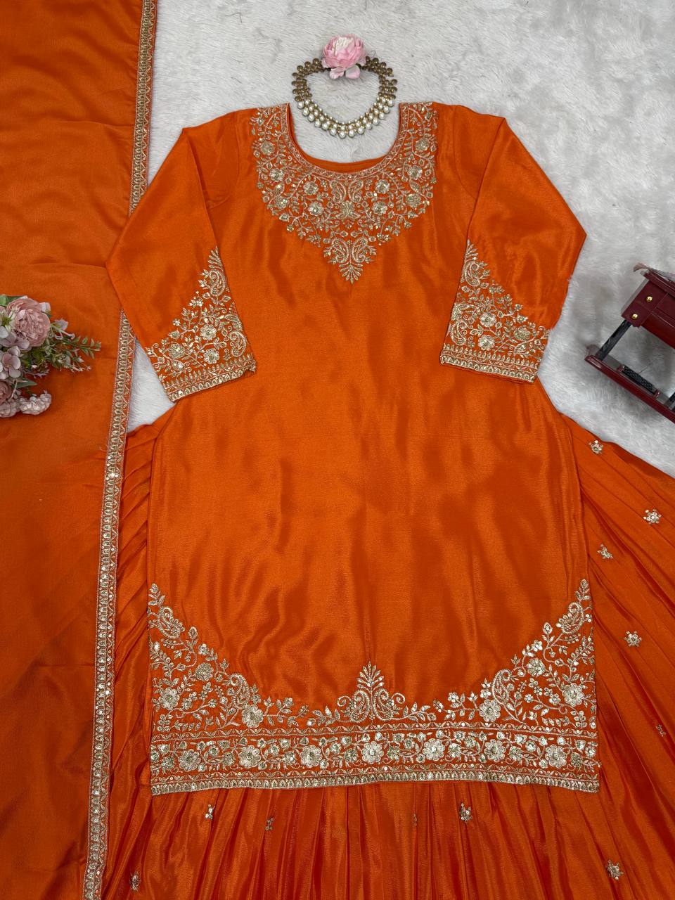 Designer Chinon Silk Outfit with Dupatta for Festive Wear