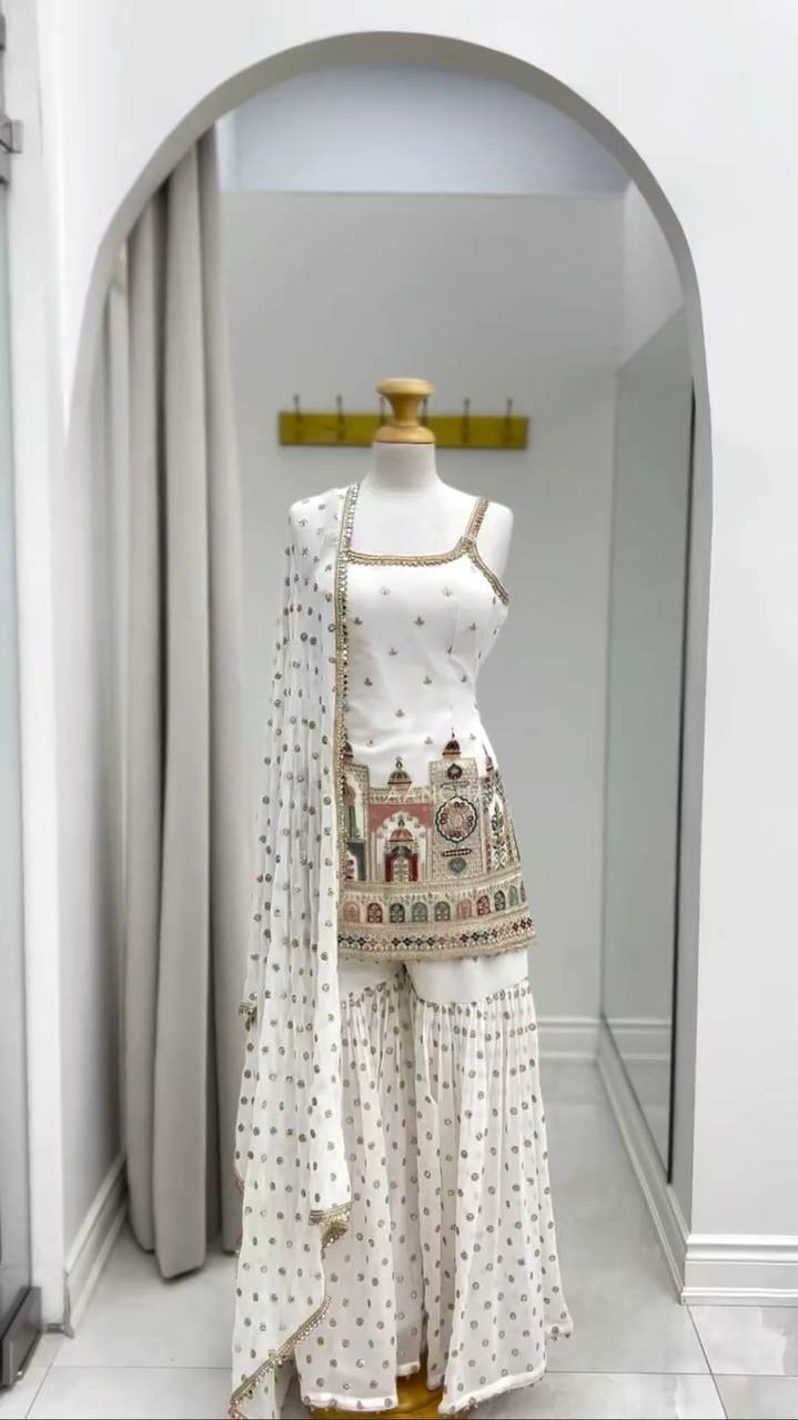 Designer Party Wear Suit with Sequin Sharara and Lace Dupatta