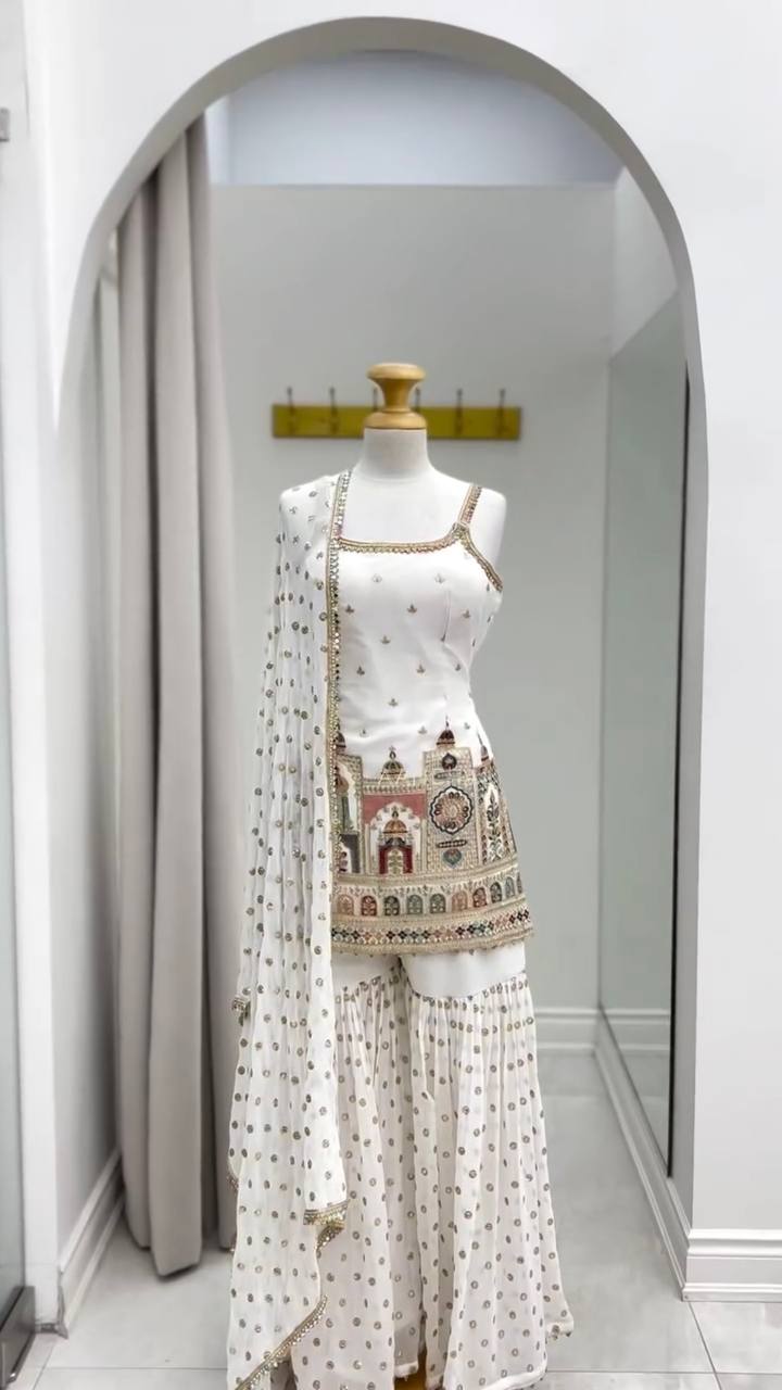 Designer Party Wear Suit with Sequin Sharara and Lace Dupatta