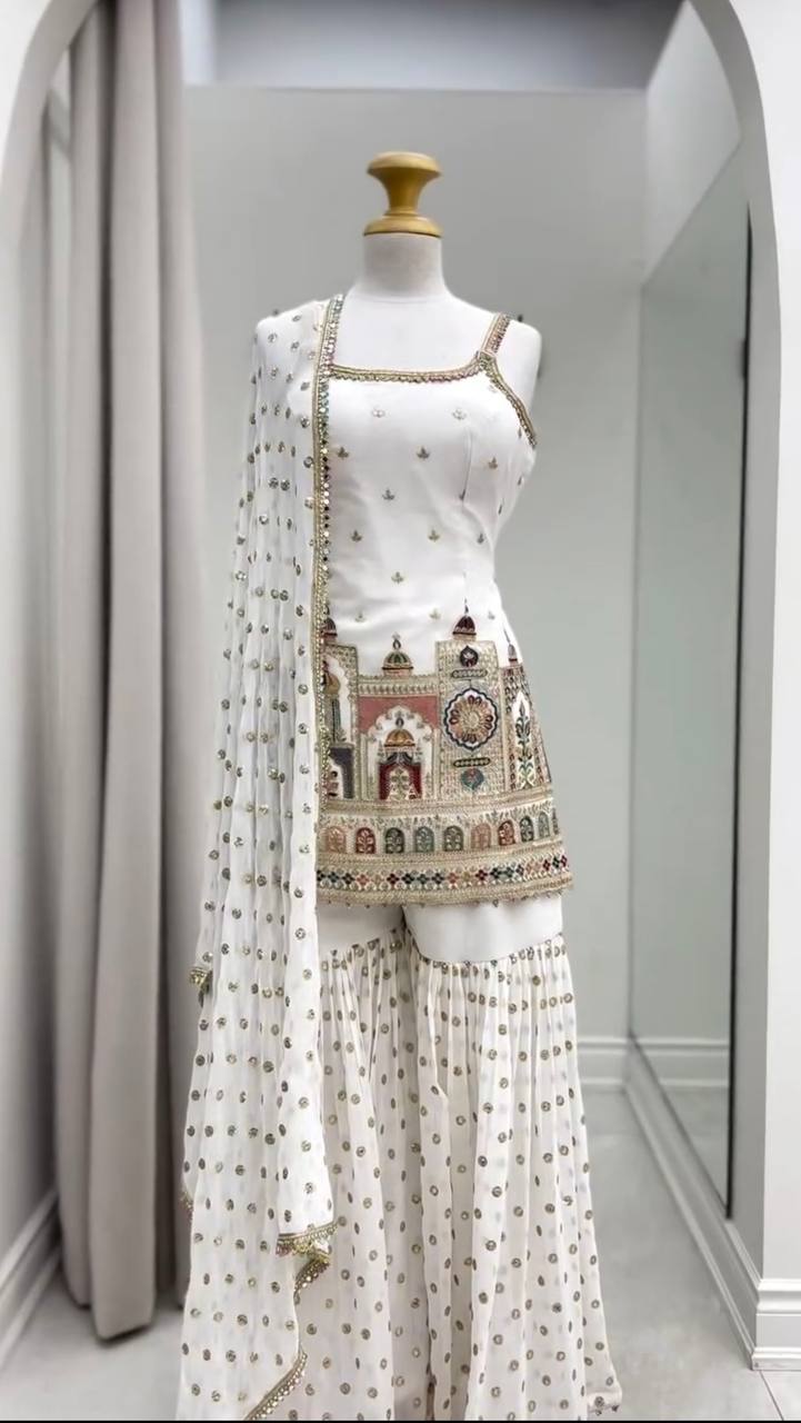 Designer Party Wear Suit with Sequin Sharara and Lace Dupatta