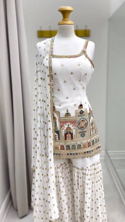 Designer Party Wear Suit with Sequin Sharara and Lace Dupatta