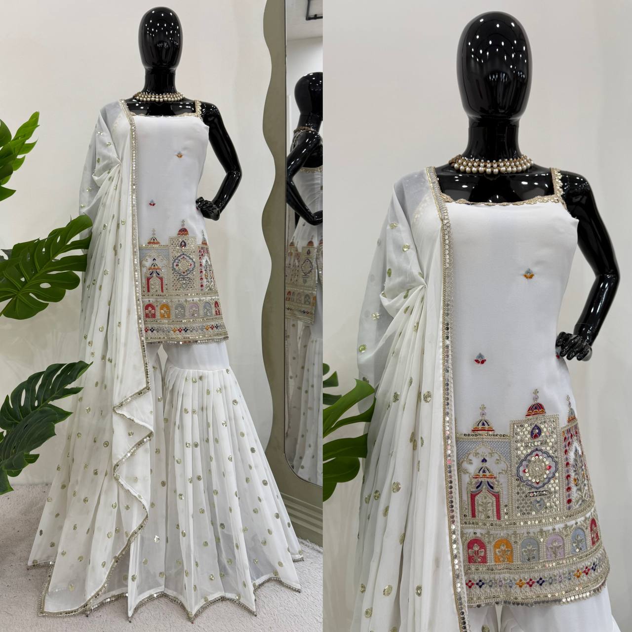 Designer Party Wear Suit with Sequin Sharara and Lace Dupatta