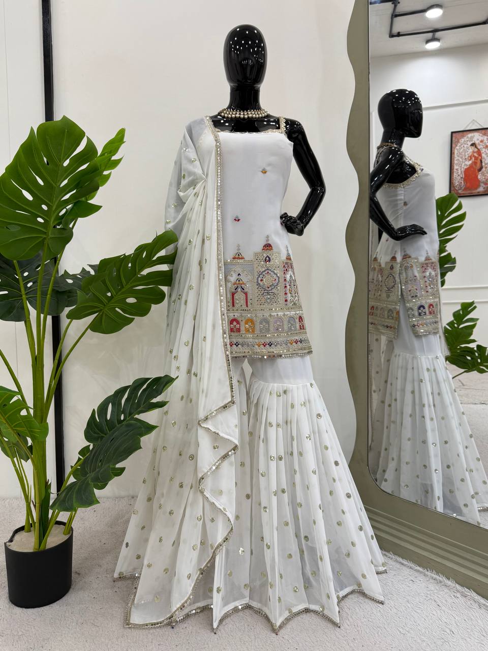 Designer Party Wear Suit with Sequin Sharara and Lace Dupatta