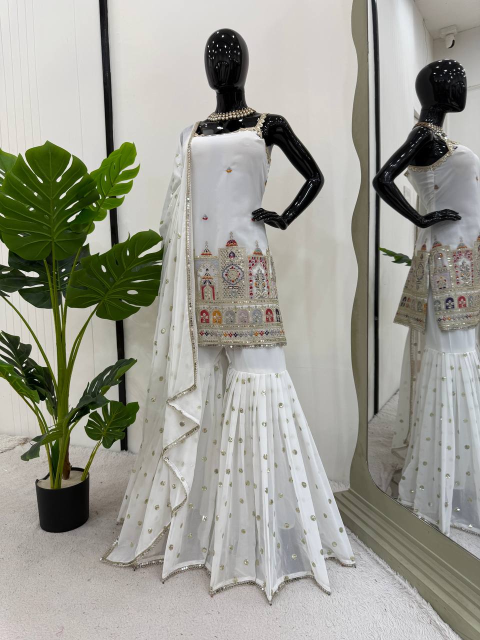 Designer Party Wear Suit with Sequin Sharara and Lace Dupatta